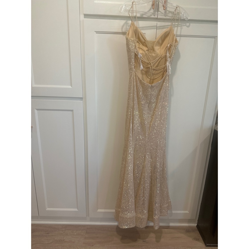 Sherri Hill Sequin Gown Gold Formal Prom Evening Dress Open Back Slit Size 8 - Picture 4 of 7